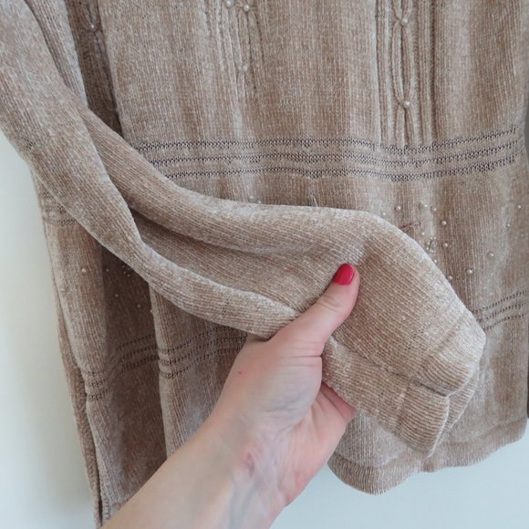VINTAGE 90s Chenille Beige Tan Embroidered Cable Knit Crew Neck Tunic Sweater - Picture 11 of 15